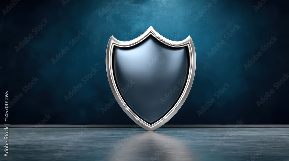 Poster cybersecurity concept with metallic shield symbolizing protection and security in digital environmen