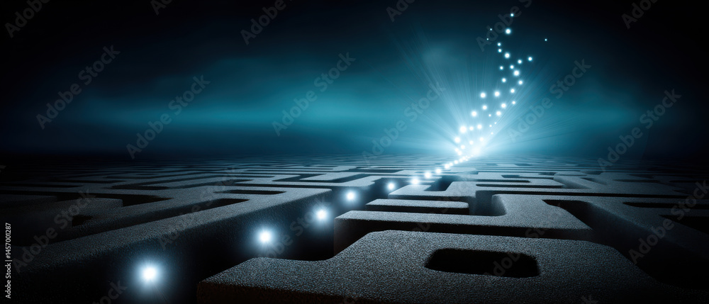 Poster cybersecurity concept with glowing path through dark maze symbolizing secure data protection and inn