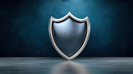 Cybersecurity concept with metallic shield symbolizing protection and security in digital environment with dramatic lighting