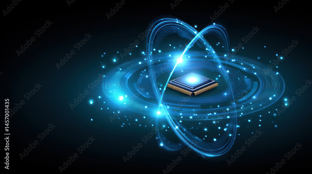 Poster quantum processor glowing in blue light with digital particles and swirling lines representing cyber