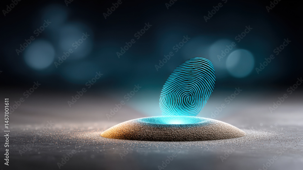 Poster futuristic fingerprint scan glows on digital surface symbolizing cybersecurity technology and secure