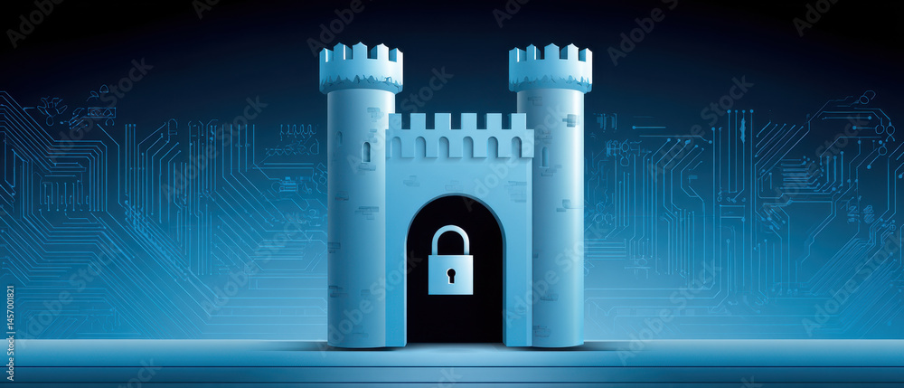 Poster cybersecurity concept with castle and padlock symbolizing strong digital protection and secure netwo