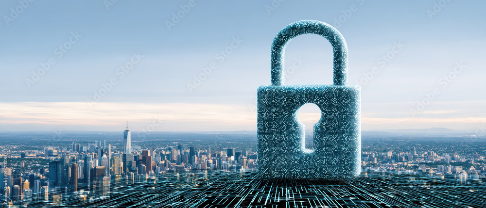 Poster cybersecurity concept with digital padlock symbolizing data protection and secure city network again