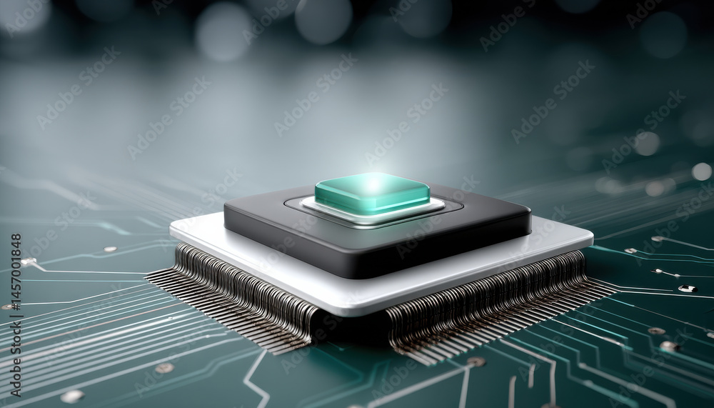 Poster cybersecurity technology microchip glowing button symbolizes cybersecurity protection and digital se