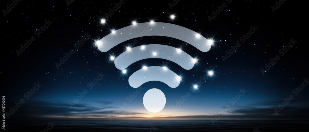 Poster wireless network symbol shines in night sky representing cybersecurity and digital connectivity with