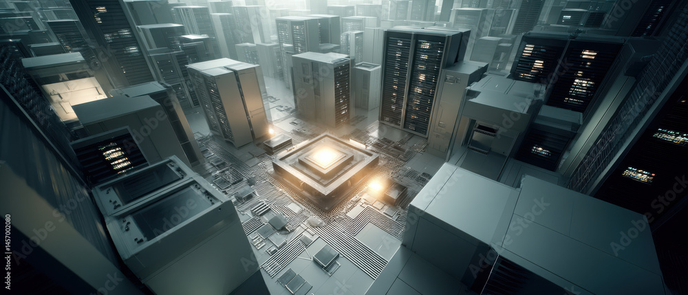 Poster cybersecurity concept with futuristic server room and glowing central processor symbolizing data pro