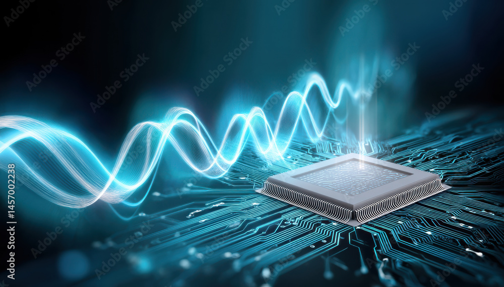 Poster cybersecurity technology concept with glowing circuit board and microchip illustrating data protecti