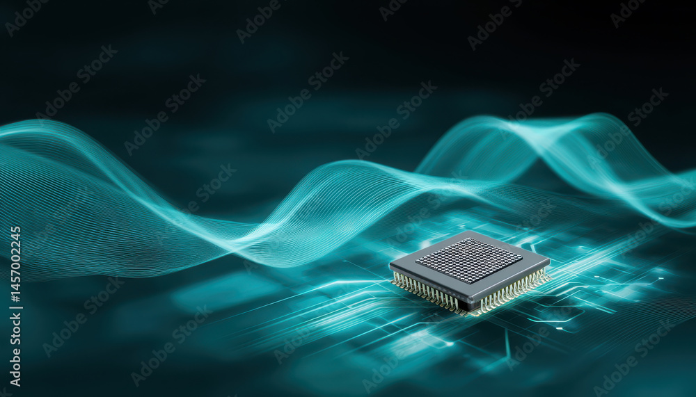 Poster cybersecurity technology concept with microchip and digital wave representing data protection and se