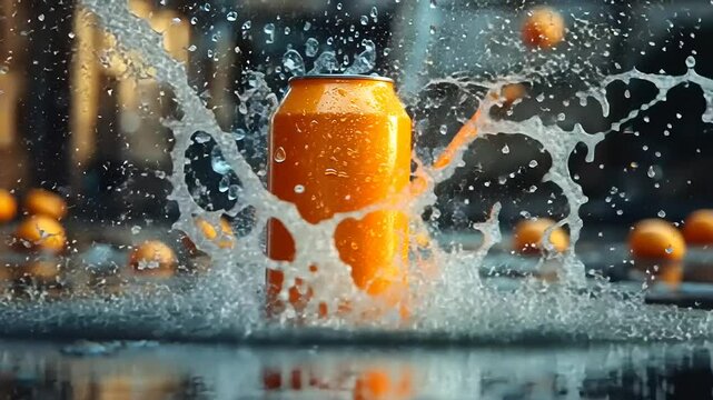 Orange soda can explodes with water splashes