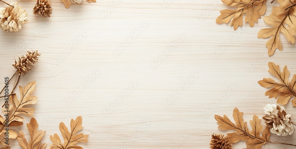 Poster autumnal leaves and pine cones arranged on a light wooden background, creating a frame with copy spa