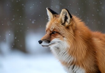 Majestic red fox with lush fur gazes into the snowy wilderness, showcasing the serene beauty of winter wildlife