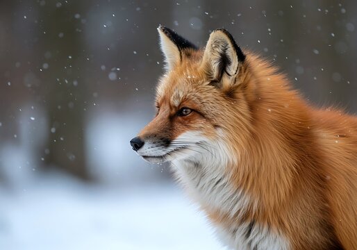Majestic red fox with lush fur gazes into the snowy wilderness, showcasing the serene beauty of winter wildlife