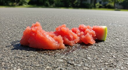 Watermelon pieces scattered on a sunlit asphalt road, with greenery in the background - mushy watermelon