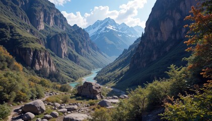 Fototapeta premium Exploring the breathtaking valley under majestic mountains with a serene river flowing through lush greenery during a sunny afternoon