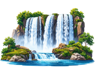 Majestic waterfall cascading over rocks surrounded by lush green trees and flowing into a serene pool.