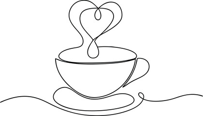 Continuous one line drawing of a coffee cup with heart-shaped steam, cozy and warm minimal design on a clean white background

