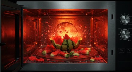 Watermelon exploding in a microwave, showcasing vibrant splashes and scattered pieces, dramatic lighting - mushy watermelon