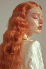 Elegant Portrait of a Redhead Woman with Wavy Hair in Soft Light