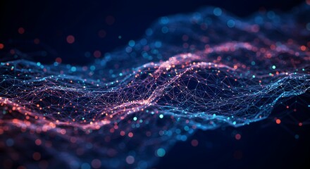 Futuristic digital wave of interconnected glowing nodes and lines, forming a complex network of points in space. 