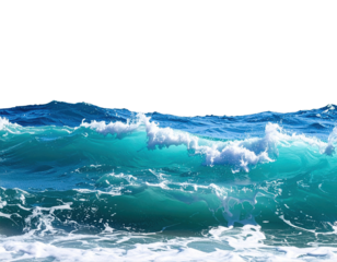 Powerful ocean waves crash with vibrant blue water against a stark black background.