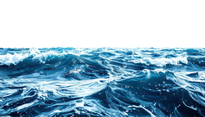 Vivid blue ocean waves with white foam under a stark black sky, creating a dramatic and dynamic seascape.