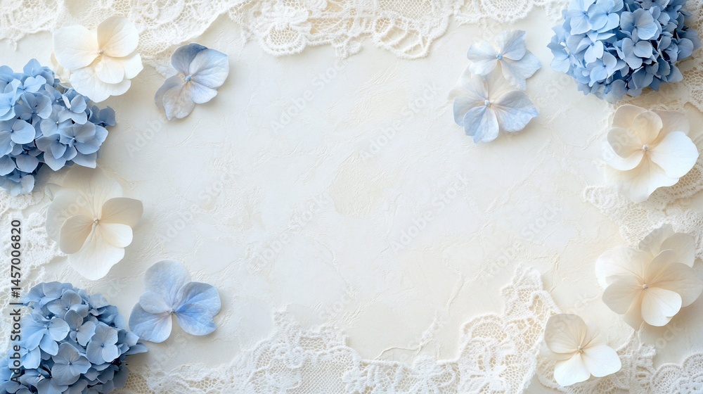 Poster blue and white hydrangea flowers arranged with lace on a light background, creating a frame for text