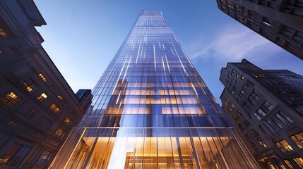 Naklejka premium Modern glass skyscraper at dusk, viewed from below, showing illuminated windows and surrounding buildings.