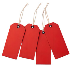 Blank Red Tags: A collection of blank red tags hanging by strings, perfect for labeling, pricing, or adding personal touches to gifts or products.
