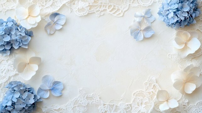 Blue and white hydrangea flowers arranged with lace on a light background, creating a frame for text or design.