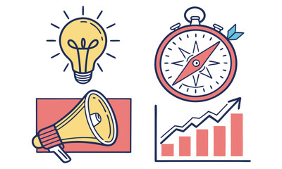 Vector illustration of an abstract business concept with time depicted by a clock and ideas symbolized by light bulbs and arrows