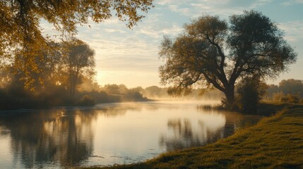 Obraz premium Peaceful river landscape featuring trees and reflections at dawn