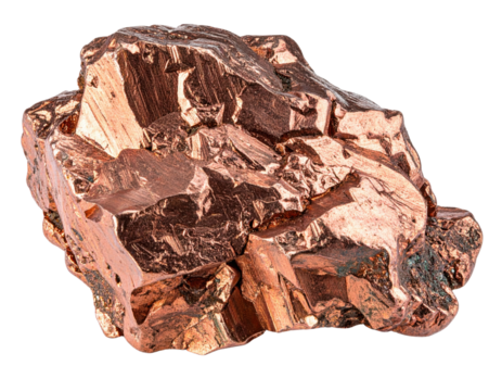 A rough, metallic copper nugget with a shiny, reflective surface and natural, jagged edges.