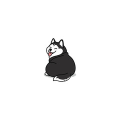 Cute chubby siberian husky dog sitting with its back turned and looking over its shoulder with a big happy smile and its tongue playfully sticking out, vector illustration