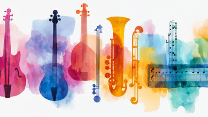 Colorful musical instruments in vibrant watercolor style, showcasing creativity and harmony in art