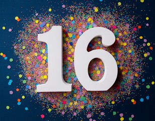 Number 16 with confetti. Photo for sixteenth birthday or anniversary party