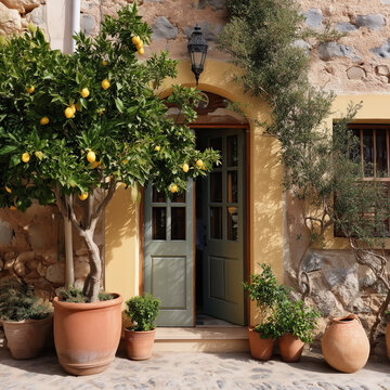 Charming Mediterranean House Old Doorway with A Lemon Tree and Traditional Terracotta Pots with Flowers in the Rustic courtyard
