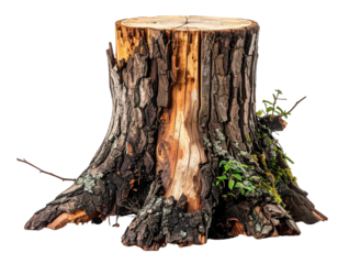 A large, weathered tree stump with textured bark and small green plants growing around its base.