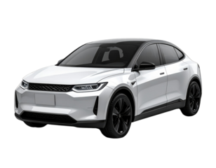 A sleek white modern car with black accents and sporty design features.