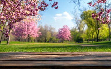 Naklejka premium Wooden table in park with blossoming cherry trees. Blurred background of spring park scene with trees and grass