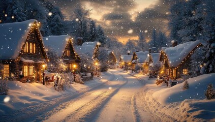 Fototapeta premium Snowy village street, Christmas lights, winter wonderland, holiday card (1)