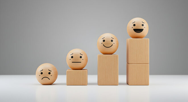 Emotional Voxel Progression on Wooden Blocks Displaying Sad Neutral and Happy Faces with Gradient Background