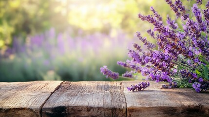 Rustic wooden table with fresh lavender bouquet against blurred garden background.