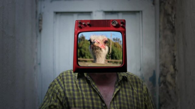 Retro TV Headed Man With Ostrich on Screen - Surreal Concept Video