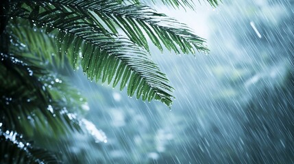 Obraz premium Lush green palm fronds in heavy rainfall.