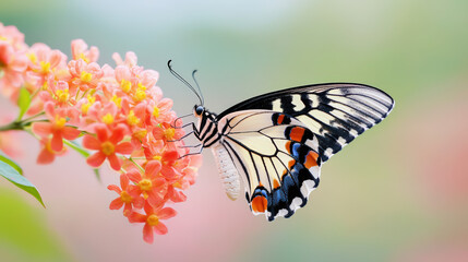 Fototapeta premium Closeup of butterfly perched on vibrant orange flowers, showcasing its intricate wing patterns and delicate beauty in natural setting