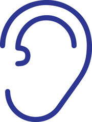ear icon, blue outline, simple curved shape, white background, graphic design, logo concept, hearing symbol, audiology illustration,