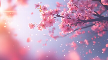 Pink cherry blossoms blooming on a tree branch with sunlight and falling petals.