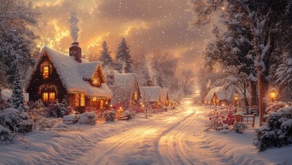 Snowy village street, sunset, Christmas lights, winter wonderland, holiday card (1)