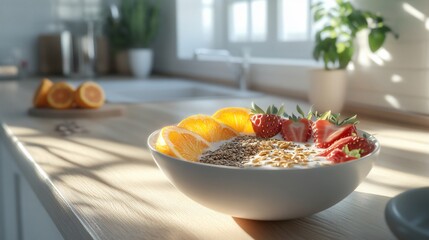 Bowl of yogurt with granola, strawberries, and orange slices on kitchen counter in sunlight.
