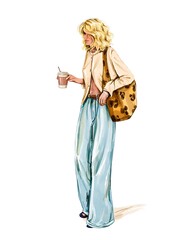 Watercolor fashion blond hair woman. Beautiful girl holding coffee. Stylish girl fashion outfit. Fashion illustration.